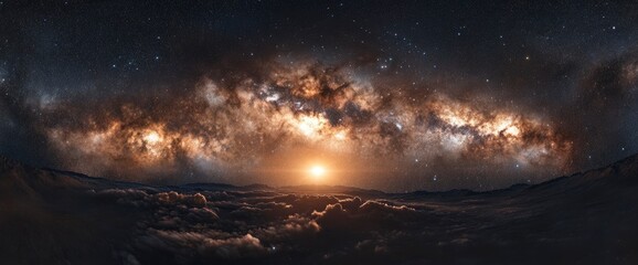 Wall Mural - Milky Way Panorama: Celestial Sunset Over Cloudscape