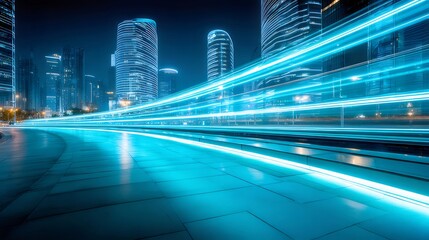 Aufkleber - 青い光線が夜の都市を駆け抜ける未来的な都市景観 高層ビルの光と道の光跡が織りなす高速移動のイメージ