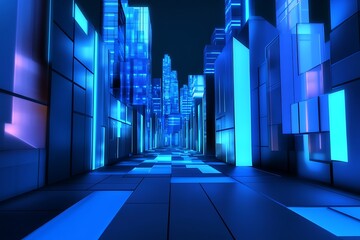 Poster - Abstract digital city glowing with neon blue and pink lights, a futuristic cityscape with a perspective view, a dark background, and reflective surfaces