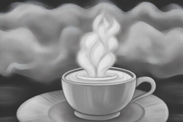 Poster - A grayscale illustration of a steaming cup of coffee on a saucer. The steam is stylized as swirling flames rising from the center of the drink. The background features a textured, dark gray cloudy