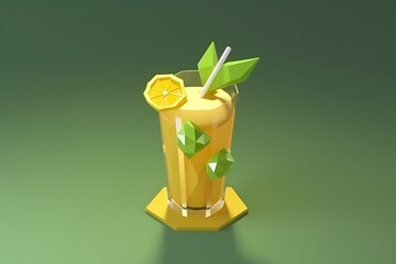 Poster - Low poly 3D render of a refreshing yellow citrus beverage in a tall glass with ice cubes, a lemon slice, and mint garnish, sitting on a hexagonal coaster against a muted green background. The image
