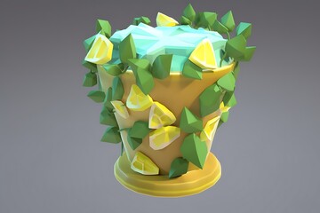 Poster - Low poly 3D render of a yellow planter filled with ice, lemon slices, and green leaves against a gray background. The style is minimalist and playful