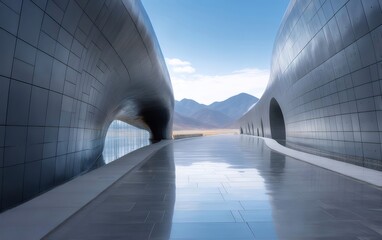 Aufkleber - メタリック構造の青空と山々を背景にした近代建築の通路の視点