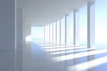 Poster - 白く明るいモダン建築インテリア空間 日中の光と影が織りなす洗練されたデザイン