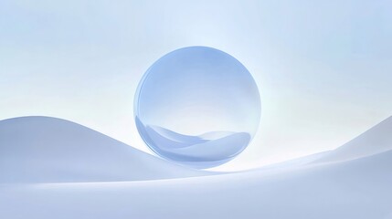 Poster - 透明な青い球体が抽象的な波状の背景に浮かぶ輝きのある3Dデザイン