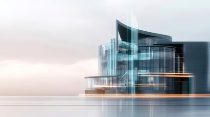 Poster - 未来的なガラス張りの建物が水面に映る青い光の構造と抽象的なデザイン
