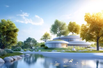 Aufkleber - 美しい風景に佇む未来的なデザインの建物 太陽の光が降り注ぐ青空と緑豊かな自然の調和