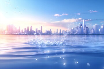 Poster - 水しぶきと都市の風景 美しい青い空と穏やかな海と太陽の光が降り注ぐ夏の日の水面反射 夏らしい爽やかな雰囲気のクリーンでモダンなデザイン