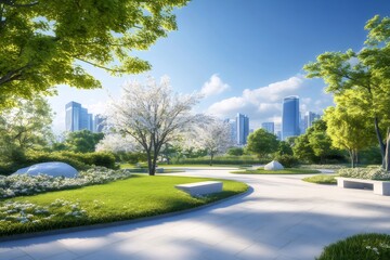 Aufkleber - 緑豊かな公園の風景 青空の下 鮮やかな緑と白い花のコントラスト 都市の背景と明るい太陽光