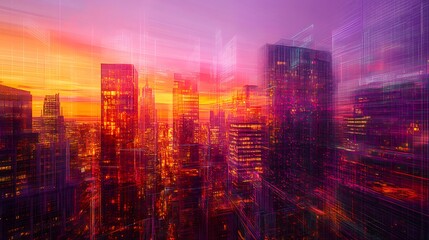 Aufkleber - 夕焼け時の都市のスカイライン赤とオレンジ色の光が建物に差し込む抽象的な都市風景