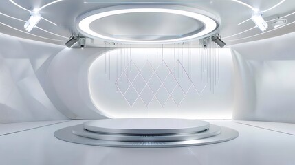 Aufkleber - 近未来的な白い空間デザインのステージ 中央の円形ステージと幾何学模様のライト装飾 プレゼンテーションイベント用の明るい照明