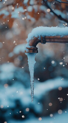 Aufkleber - Frozen tap with icicle, snow covering pipe, blurred winter background, showcasing cold weather, winter season, frost