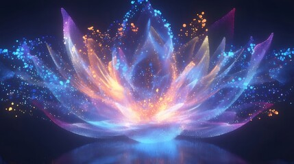 Aufkleber - 光と粒子で表現された蓮の花のデジタルアート カラフルな輝きが美しい背景に浮かび上がる神秘的なイメージ