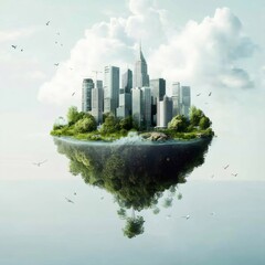 Poster - 空に浮かぶ未来都市と緑豊かな島 水面に映る幻想的な風景 水色と白のコントラスト 美しい光景