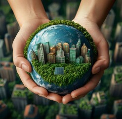 Aufkleber - 手の中に地球 都市と緑の持続可能な環境保護のイメージ ブルーとグリーンの色合い 光の中で世界を抱きしめる