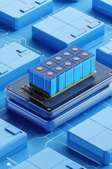 Aufkleber - 青いバッテリーパックと回路基板の抽象的な描写 未来的なデジタルテクノロジーコンセプト