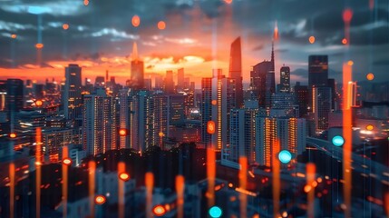 Poster - 夕暮れの都会のパノラマ風景赤とオレンジの空 高層ビルのシルエット 活気のある都市生活 光の線が未来的なデザインを強調