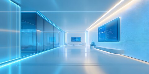 Aufkleber - 青と白のライトアップされた未来的なインテリアデザインの廊下 抽象的な幾何学的形状とクリーンなラインを持つ現代的なオフィス空間