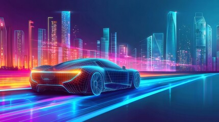 Poster - 未来都市を疾走するネオン光の車 鮮やかな青紫の光線が夜景の中を駆け抜ける 近未来的なデジタルデザイン