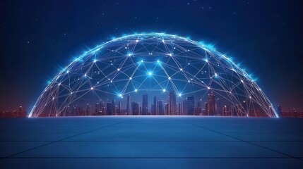 Aufkleber - 青い光の球体と未来的な都市の夜景 デジタル技術と接続性の抽象的なイラスト