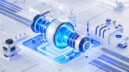 Aufkleber - 光輝く未来的なテクノロジーデバイスの3Dレンダリング 白い背景と青い光の抽象的な表現