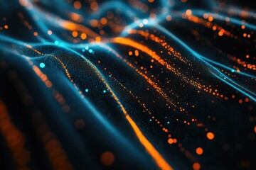 Poster - abstract blue and orange data streams background with depth of field and flowing light elements visu