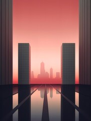 Aufkleber - 抽象的な都市景観赤い夕焼けと建物シルエットの反射 幾何学的なデザインのモダンな建築背景