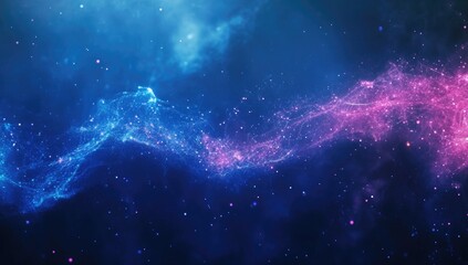 Poster - abstract cosmic nebula: glowing blue and pink particles in dark space