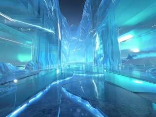 Poster - 青い氷の通路を通る幻想的なデジタルアートシーン 輝く光と幾何学的な背景を持つ抽象的なデザイン