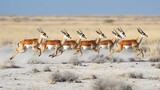 Herd of antelope sprinting across dusty plain