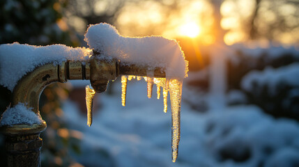 Poster - Snow-covered brass faucet with icicles, backlit by sunset, showcasing winter's beauty and cold weather conditions