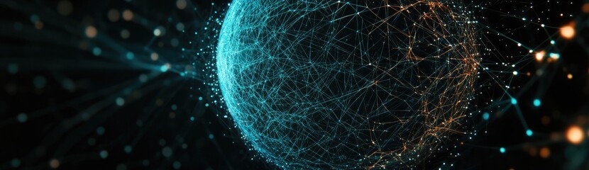 Poster - abstract glowing sphere of teal and orange particles