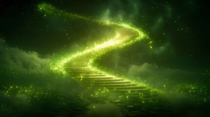 Poster - 緑の光る階段が雲海を昇る幻想的な風景 輝く粒子が神秘的な世界観を表現