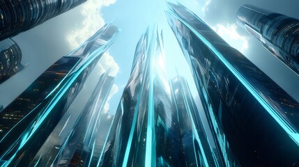 Aufkleber - 未来都市の空にそびえ立つ高層ビルの壮大な眺め青い光と影が織りなす現代的な建築デザイン