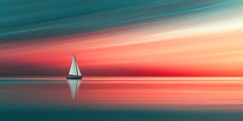 Aufkleber - Sailboat on calm sea at sunset, red and teal color palette, representing serenity, peace, and journey