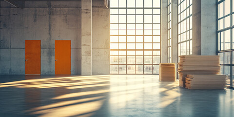 Poster - Spacious industrial interior with large windows, concrete walls, orange doors, and stacks of wood, bathed in sunlight creating bright and airy atmosphere, showcasing potential for product display or w