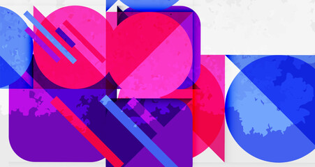 Fototapete - Abstract geometric shapes overlap. Vivid pinks, blues create dynamic composition. Texture adds visual interest. Modern design elements present.