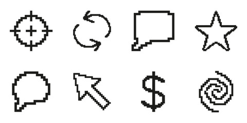 Fototapete - Pixel Art Icon Set Featuring Target, Refresh, Speech Bubble, Star, Cursor, Dollar Sign, And Spiral. Versatile Pixelated Symbol Collection For Digital Interfaces. Isolated Vector Illustration