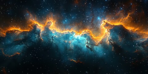 vivid cosmic nebula with bright orange and blue hues illuminating the depths of space