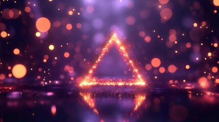 Aufkleber - 輝くオレンジ色の光の三角形デザインとボケライトによる幻想的な抽象背景の夜景