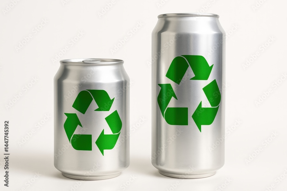 Reflective Aluminum Cans with Green Recycle Symbol representing ...