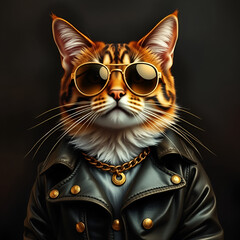 Naklejka na meble Gangsta Cat: A Feline Fashion Icon in Leather and Gold