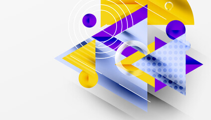 Poster - Abstract geometric composition. Shapes overlap, creating dynamic visual effect. Yellow, purple, blue tones dominate design.