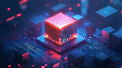 Aufkleber - 発光する赤色キューブが青色の基板上に配置された未来的なデジタルグラフィック