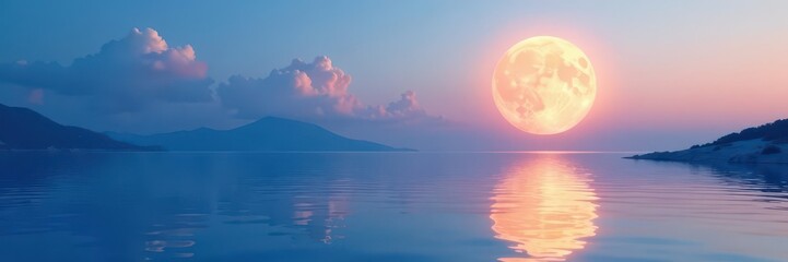 Wall Mural - Pastel sky, full moon reflecting on calm blue sea, tranquil, blue sea