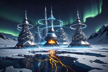 Aufkleber - 極北の雪原にそびえ立つ未来都市とオーロラ輝く夜空 幻想的な青い光と雪山の風景