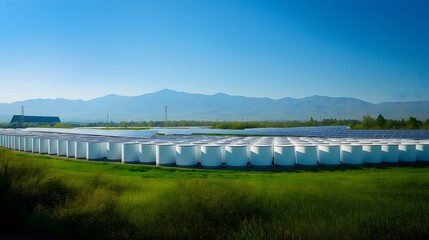 Aufkleber - 広大なソーラーパネル設置された緑地と青空 広角写真 電力生成と持続可能性の概念