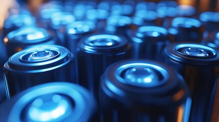 Aufkleber - 青色光の下での円筒形の金属バッテリーのクローズアップビュー