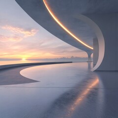 Poster - 夕焼け時の未来的な建造物の海辺の風景 オレンジ色の光が水面に反射し美しい空