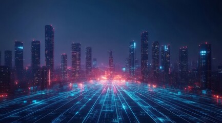 Aufkleber - 夜空に浮かぶ未来都市の光景 青と赤の光が織りなすデジタルネットワークと高層ビルのシルエット